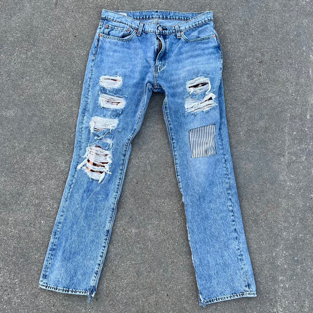 Levi's 511 Slim Fit Premium Jeans American Flag Patch Distressed Peekaboo 36x34